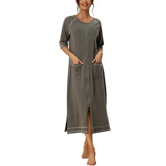 Women Zipper Robe Long Sleeve Loungewear Housecoat Midi Nightgown With Pockets