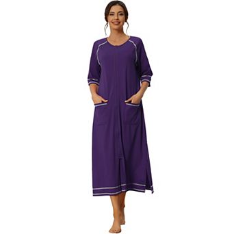 Women Zipper Robe Long Sleeve Loungewear Housecoat Midi Nightgown With Pockets