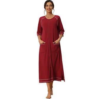 Women Zipper Robe Long Sleeve Loungewear Housecoat Midi Nightgown With Pockets