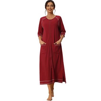 Women Zipper Robe Long Sleeve Loungewear Housecoat Midi Nightgown With Pockets