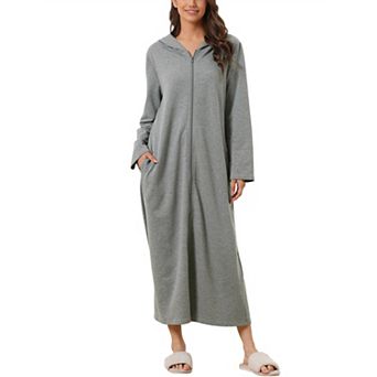 Womens Hoodie Zip Up Closure Pajama Nightshirt Long Sleeve Robe Loungewear