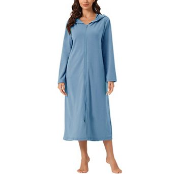 Womens Hoodie Zip Up Closure Pajama Nightshirt Long Sleeve Robe Loungewear
