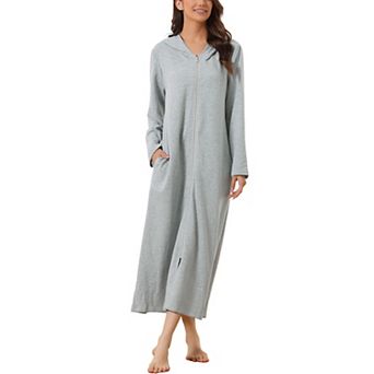 Womens Hoodie Zip Up Closure Pajama Nightshirt Long Sleeve Robe Loungewear