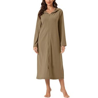 Womens Hoodie Zip Up Closure Pajama Nightshirt Long Sleeve Robe Loungewear