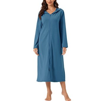 Womens Hoodie Zip Up Closure Pajama Nightshirt Long Sleeve Robe Loungewear