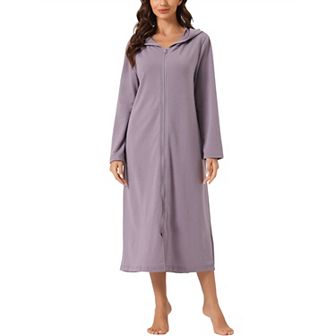 Womens Hoodie Zip Up Closure Pajama Nightshirt Long Sleeve Robe Loungewear