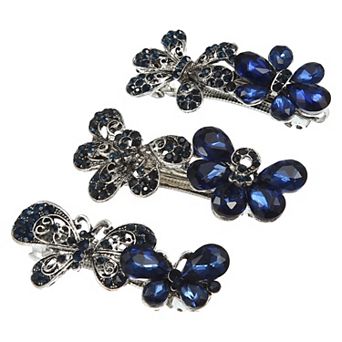 3 pc Hair Barrettes Hair Clips Sparkly Rhinestones Hairpin Blue Black