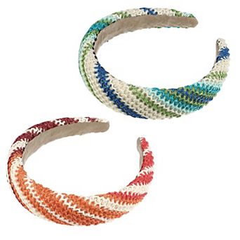 2 pc Straw Rattan Sponge Headband Bohemian Style Wide Hair Hoop Green Orange