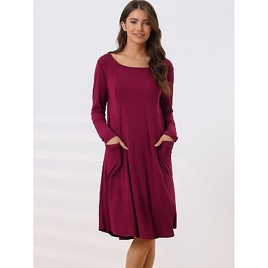 Womens Maternity Dress With Pockets Casual Round Neck Long Sleeve Nightdress