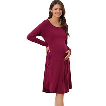 Womens Maternity Dress With Pockets Casual Round Neck Long Sleeve Nightdress