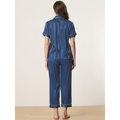 Women's Satin Button Down Short Sleeve Shirt and Long Pants Pajama Set