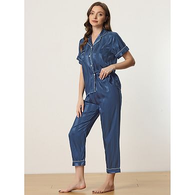 Women's Satin Button Down Short Sleeve Shirt and Long Pants Pajama Set