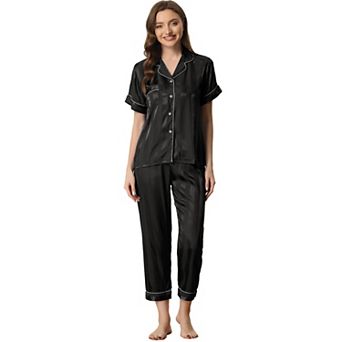 Women's Satin Button Down Short Sleeve Shirt and Long Pants Pajama Set
