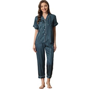 Women's Satin Button Down Short Sleeve Shirt and Long Pants Pajama Set