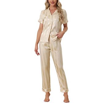 Women's Satin Button Down Short Sleeve Shirt and Long Pants Pajama Set