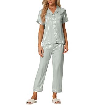 Women's Satin Button Down Short Sleeve Shirt and Long Pants Pajama Set
