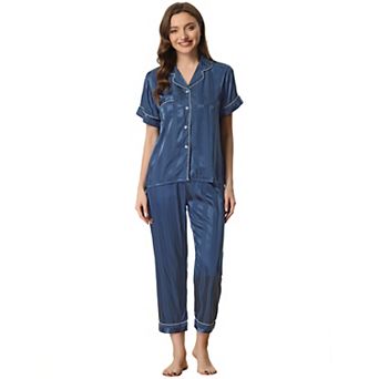 Women's Satin Button Down Short Sleeve Shirt and Long Pants Pajama Set