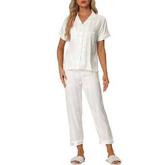 Women's Satin Button Down Short Sleeve Shirt and Long Pants Pajama Set