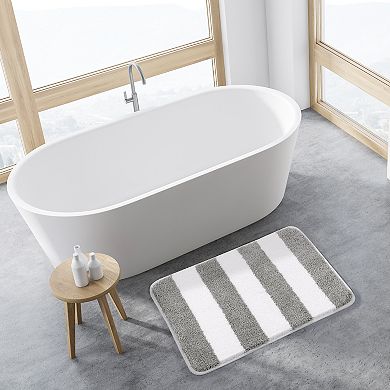 Microfiber Striped Bathroom Rugs Shaggy Soft Thick Water Absorbent Bath Mat, 20" X 31"