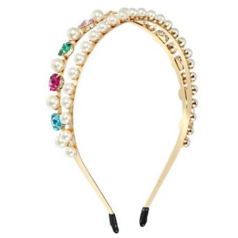 Metal Round Colorful Glass Faux Crystal Hairband Faux Pearl Headband