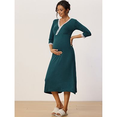Womens Sleepwear Soft Lace Trim V Neck Long Sleeve Rayon Nightshirt Midi