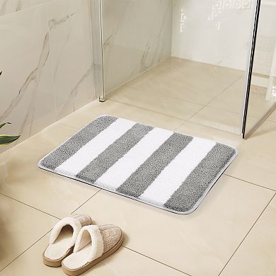 Microfiber Striped Bathroom Rugs Shaggy Soft Thick Water Absorbent Bath Mat, 17" X 24"
