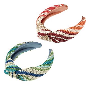 2 pc Straw Headband Bohemian Style Knotted Hair Hoop For Women Green Orange
