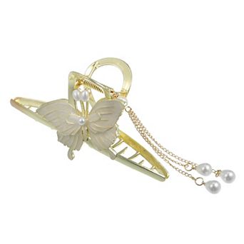 Pearl Long Tassel Hair Claws Metal Butterfly Pearl Charm Hair Clips Gold Tone