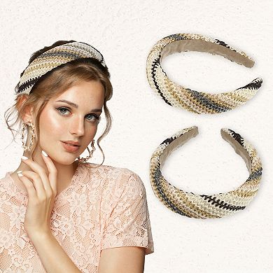 2 Pcs Straw Rattan Sponge Headband Bohemian Style Hair Hoop Assorted Color