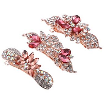 3 pc Hair Barrettes for Women Sparkly Rhinestones Hair Clips Pink