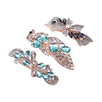 3 pc Hair Barrettes for Women Sparkly Rhinestones Hair Clips Green