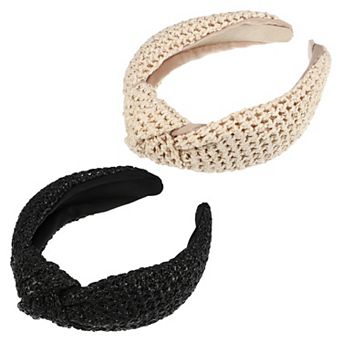 2 pc Straw Headband Bohemian Style Knotted Hair Hoop For Women Black Beige
