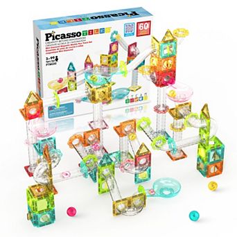 PicassoTiles 60 pc Mini Marble Race Track Building Block & Magnetic Tiles, STEM Toy for Kids 3+