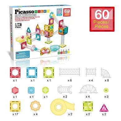 PicassoTiles 60 PC Mini Marble Race Track Building Block & Magnetic Tiles, STEM Toy for Kids 3+