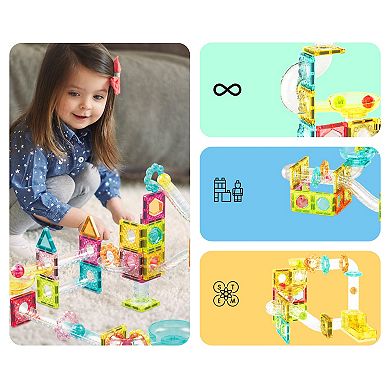 PicassoTiles 60 PC Mini Marble Race Track Building Block & Magnetic Tiles, STEM Toy for Kids 3+