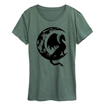 Women's Dragon Sitting On Crescent Moon Graphic Tee