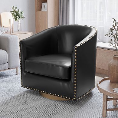 Merrick Lane Upholstered Barrel Chair With 360° Swivel Base And Nail Trim