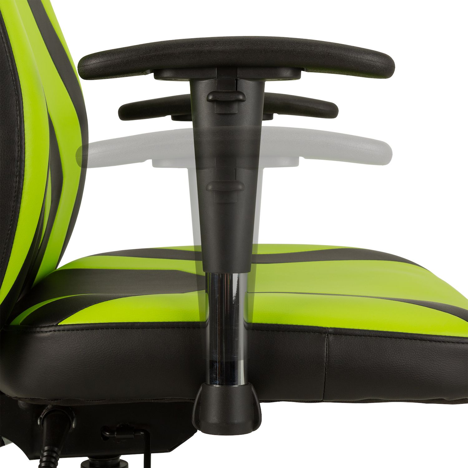 Close-up of lime-green racing chair armrest and seat junction