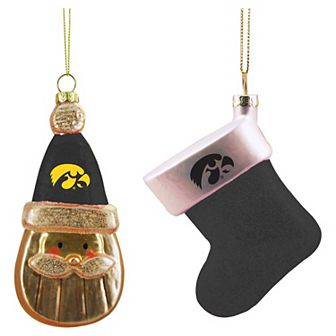Iowa Hawkeyes Two-Pack Santa & Stocking Blown Glass Ornament Set