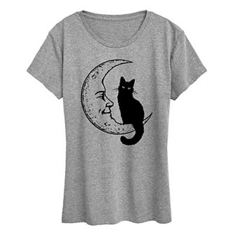 Women's Black Cat On Moon Graphic Tee