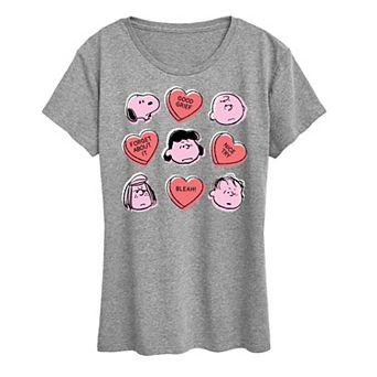Women's Peanuts Valentine's Candy Heart Grid Graphic Tee