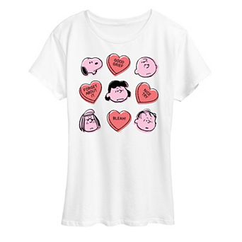 Women's Peanuts Valentine's Candy Heart Grid Graphic Tee