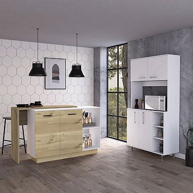 Quebec 2 Piece Kitchen Set, Kitchen Island + Pantry Cabinet, White /light Oak