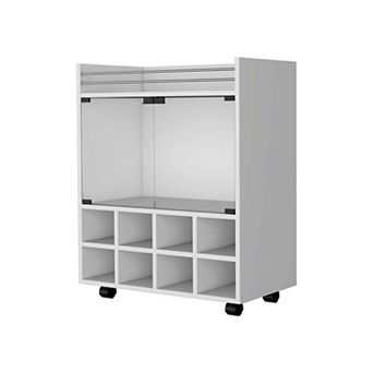 Minneapolis Bar Cart With Integrated 8-bottle Rack, Glass Encased Cabinet And Aluminum Bar Top