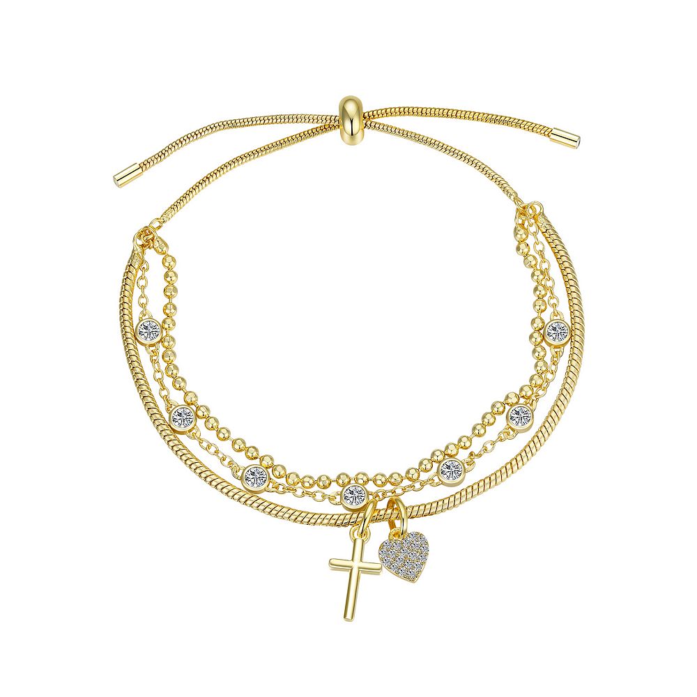 Brilliance Cubic Zirconia Triple Strand Cross & Heart Adjustable Bracelet