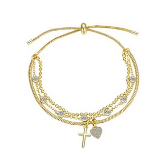 Brilliance Cubic Zirconia Triple Strand Cross & Heart Adjustable Bracelet
