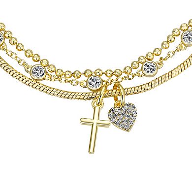 Brilliance Cubic Zirconia Triple Strand Cross & Heart Adjustable Bracelet