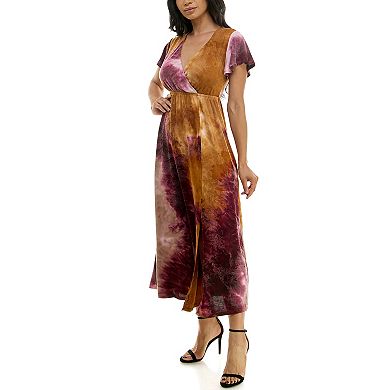 Women's Nina Leonard Tie Dye Print Flutter Sleeve V-Neck Maxi Dress