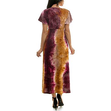 Women's Nina Leonard Tie Dye Print Flutter Sleeve V-Neck Maxi Dress