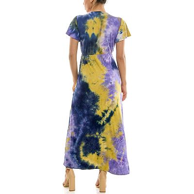 Women's Nina Leonard Tie Dye Print Flutter Sleeve V-Neck Maxi Dress